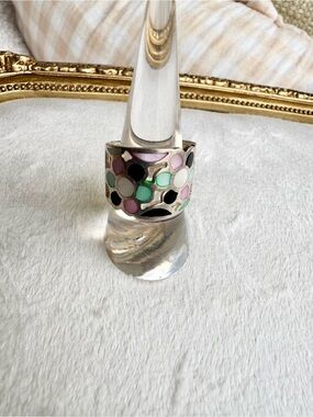 Vintage TMA+ Thailand 925 Sterling Silver Mother of Pearl Mosaic Ring Inscribed